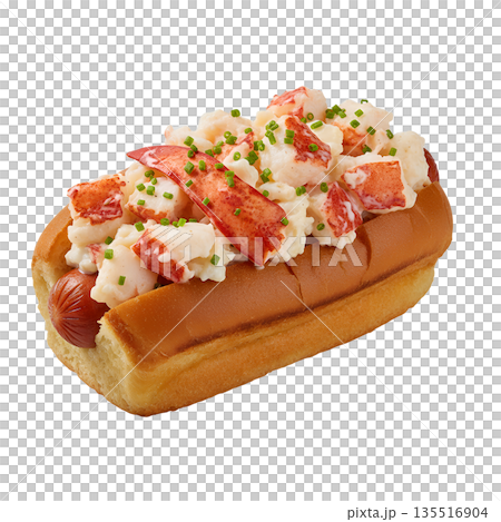 Gourmet new england-style hot dog topped with lobster salad and fresh chives, unique seafood and street food fusion concept Gourmet new england-style hot dog topped with lobster salad and fresh chives, unique seafood and street food fusion concept 135516904