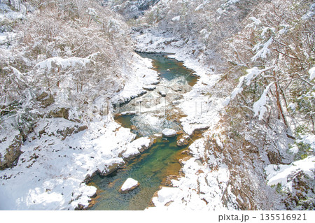 栃木県日光市　冬の雪積る鬼怒川温泉と鬼怒川 135516921