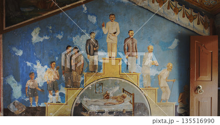 temple fresco illustrating life stages from childhood through adulthood to old age and death 135516990