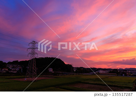 送電鉄塔と田園風景に広がるピンクと紫の幻想的な夕焼け空 送電鉄塔と田園風景に広がるピンクと紫の幻想的な夕焼け空 135517287