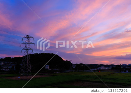 送電鉄塔と田園風景に広がるピンクと紫の幻想的な夕焼け空 135517291