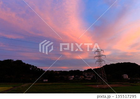 送電鉄塔と田園風景に広がるピンクと紫の幻想的な夕焼け空 送電鉄塔と田園風景に広がるピンクと紫の幻想的な夕焼け空 135517295