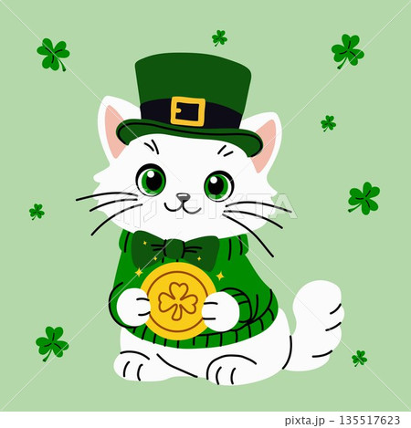Cute Irish Cat Character with Shamrock Coin Cute Irish Cat Character with Shamrock Coin 135517623