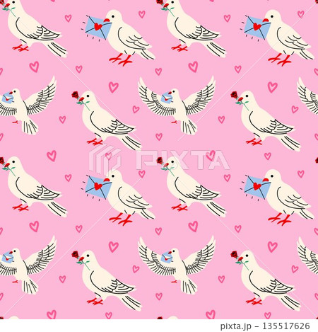 Valentine Dove Seamless Pattern with Hearts 135517626