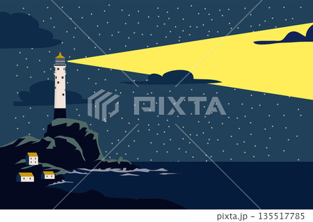 Lighthouse tower on seashore ocean with ray of light Lighthouse tower on seashore ocean with ray of light 135517785
