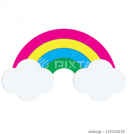Cute colorful rainbow with fluffy white clouds isolated on white background. Cartoon vector illustration for kids, nursery, and baby shower design. 135518218