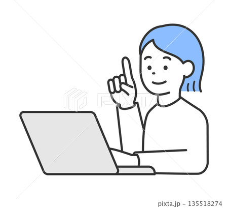 パソコンの前で指差しをする女性のイラスト　ベクター 135518274