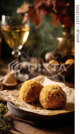 two hot, steaming Arancini Italian fried rice balls with a crispy golden crust, served on a rustic table setting with a glass of wine and autumnal decor. Gourmet, moody, cozy food 135518405