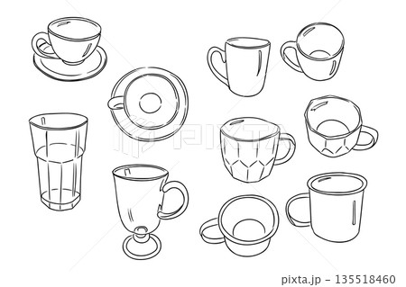 Set of coffee cups and mugs in different shapes and views drawn in simple line style. Concept of cafe drinkware collection beverage serving and everyday kitchen items 135518460