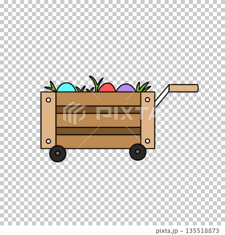 A wooden cart with a wheelbarrow full of eggs and grass 135518873
