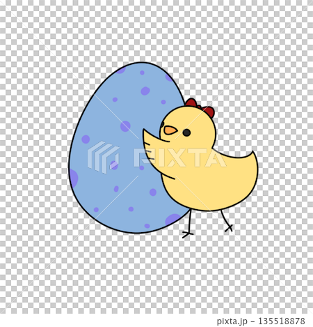 A yellow chicken is holding an egg in its beak 135518878