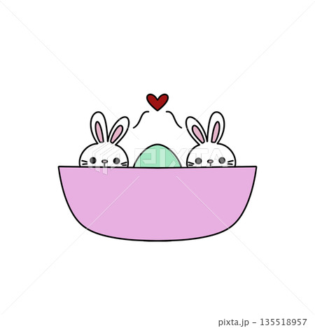 Two rabbits are sitting in a pink bowl with a heart on it Two rabbits are sitting in a pink bowl with a heart on it 135518957