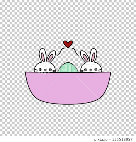 Two rabbits are sitting in a pink bowl with a heart on it Two rabbits are sitting in a pink bowl with a heart on it 135518957