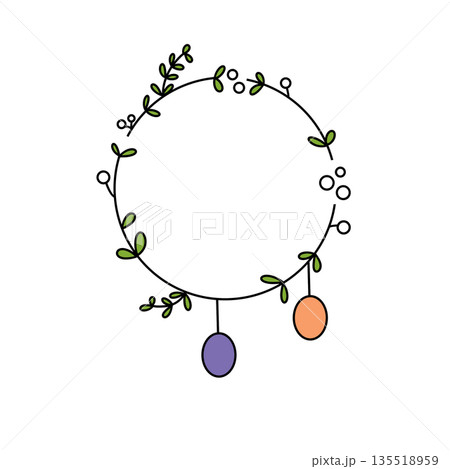 A white background with a green and purple wreath with two eggs in it A white background with a green and purple wreath with two eggs in it 135518959