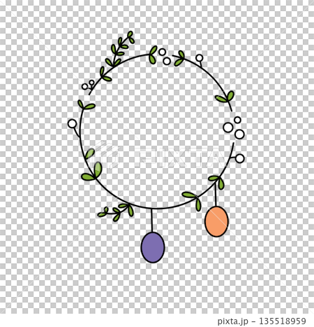 A white background with a green and purple wreath with two eggs in it A white background with a green and purple wreath with two eggs in it 135518959
