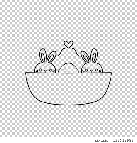 Two rabbits are sitting in a basket with an egg Two rabbits are sitting in a basket with an egg 135518983