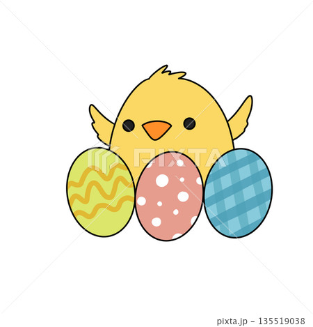 A cartoon chicken holding three eggs in its beak 135519038