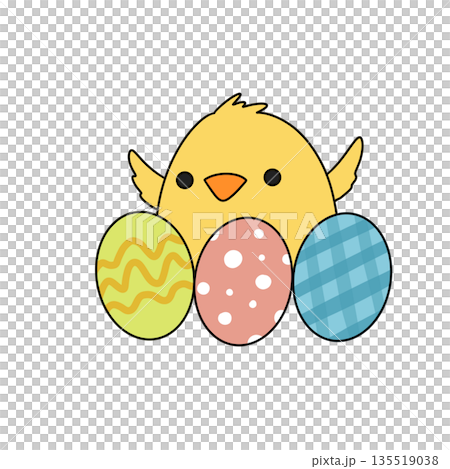 A cartoon chicken holding three eggs in its beak 135519038