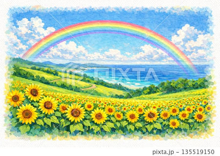 ひまわり畑 丘陵地 虹 海 夏 貼り絵風のイラスト素材 [135519150] - PIXTA
