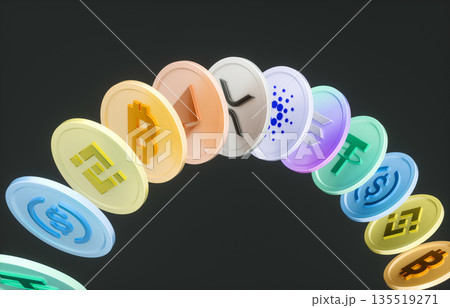 Crypto investment and digital assets concept with Bitcoin and popular cryptocurrencies 3d coins. 3d rendering Crypto investment and digital assets concept with Bitcoin and popular cryptocurrencies 3d coins. 3d rendering 135519271