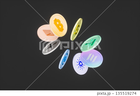 Crypto investment and digital assets concept with Bitcoin and popular cryptocurrencies 3d coins. 3d rendering 135519274