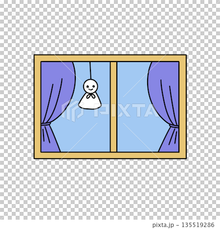A window with a doll hanging from the curtain A window with a doll hanging from the curtain 135519286