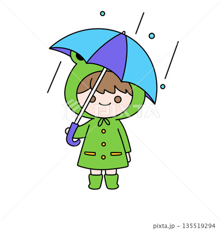 A girl in a green raincoat holding an umbrella 135519294