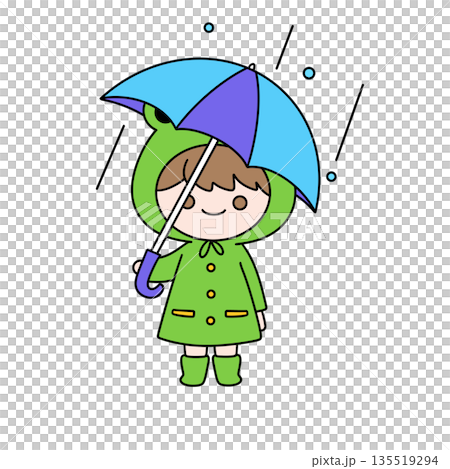 A girl in a green raincoat holding an umbrella 135519294