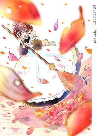 ほうきを持っているメイドさん 落ち葉 舞い散る ほうきを持っているメイドさん 落ち葉 舞い散る 135519424