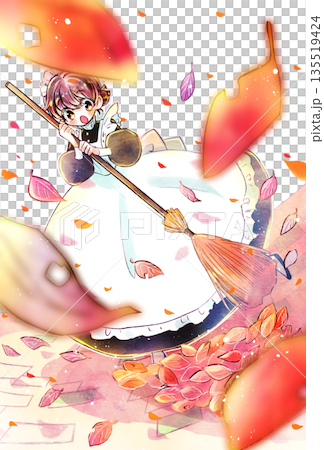 ほうきを持っているメイドさん 落ち葉 舞い散る ほうきを持っているメイドさん 落ち葉 舞い散る 135519424