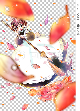 ほうきを持っているメイドさんと飛びかかる猫　落ち葉　沢山 135519426