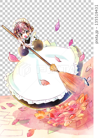ほうきを持っているメイドさん　落ち葉　庭 135519431