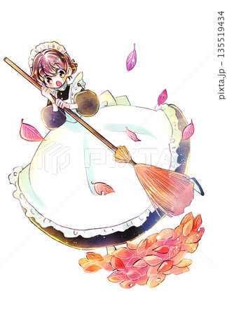 ほうきを持っているメイドさん 落ち葉 慌てる ほうきを持っているメイドさん 落ち葉 慌てる 135519434