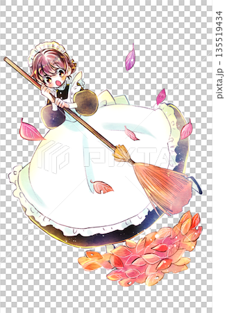 ほうきを持っているメイドさん 落ち葉 慌てる ほうきを持っているメイドさん 落ち葉 慌てる 135519434