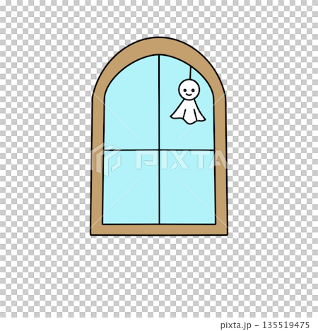 A cartoonish window with a ghost hanging from it 135519475