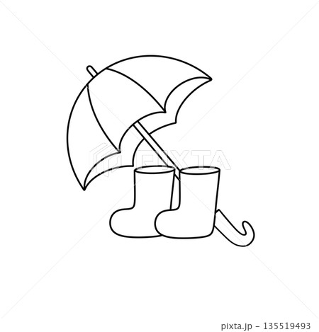 A black and white drawing of an umbrella and two rain boots A black and white drawing of an umbrella and two rain boots 135519493