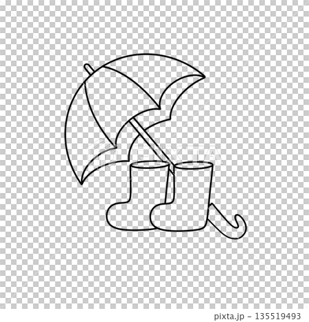 A black and white drawing of an umbrella and two rain boots A black and white drawing of an umbrella and two rain boots 135519493