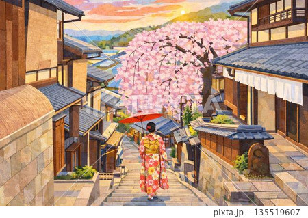 京都イメージ　古都　京都　春　桜　和　貼り絵風 135519607