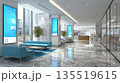 luxury interior rendering of a business reception or hotel waiting area with natural light, modern furniture, glass partitions, and vertical digital kiosks for informational or advertising content. 135519615