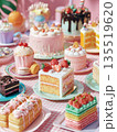 A vibrant, hyper-realistic, vertical shot of a large variety of sweet treats and decorated cakes in pink, mint green, and yellow on a checkered tablecloth, conveying fun, party, and maximalist joy 135519620