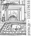 A charming vertical line drawing ready for coloring, depicting a cozy indoor scene: a calm dog resting by warm fire with flames and logs, perfect for children and adults seeking a therapeutic activity 135519638