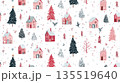 A cute, repeatable, white-based textile print or digital paper with a folk art feel, showcasing adorable winter village elements and pine trees, ideal for wrapping paper, fabric, holiday backgrounds. 135519640