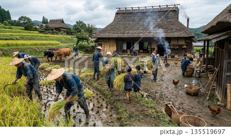 江戸時代の農村で茅葺き屋根の民家を背景に稲刈りに励む人々の風景 江戸時代の農村で茅葺き屋根の民家を背景に稲刈りに励む人々の風景 135519697