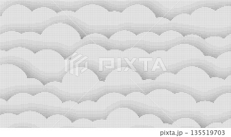 Abstract white halftone pattern background with curved gradient dots forming wave-like shapes, minimal monochrome vector texture 135519703