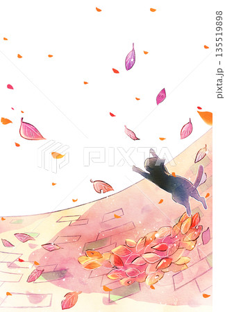 枯葉が舞い散る背景　地面　猫　縦長 135519898