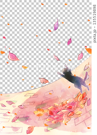 枯葉が舞い散る背景　地面　猫　縦長 135519898