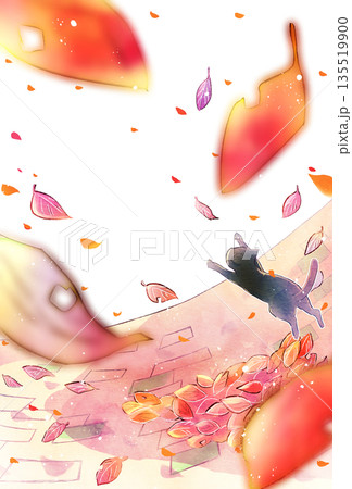 枯葉が舞い散る背景　ぼかし　地面　猫　縦長 135519900