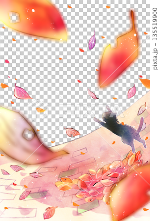 枯葉が舞い散る背景　ぼかし　地面　猫　縦長 135519900