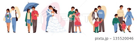 Family characters. Relationship development. Couple dating. Wedding ceremony. Young parents together with children. Pregnant mom and happy kids. Mother and father romance. Vector concept 135520046