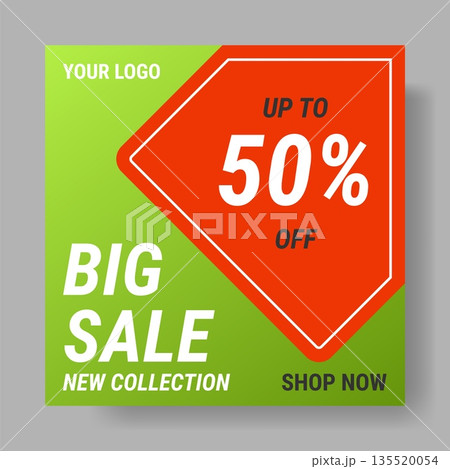 Social media banner. Big sale promotion. Discount percent. Abstract design. Marketing square card. Online store advertising. Geometric shapes. Shop offer. Vector shopping flyer template Social media banner. Big sale promotion. Discount percent. Abstract design. Marketing square card. Online store advertising. Geometric shapes. Shop offer. Vector shopping flyer template 135520054